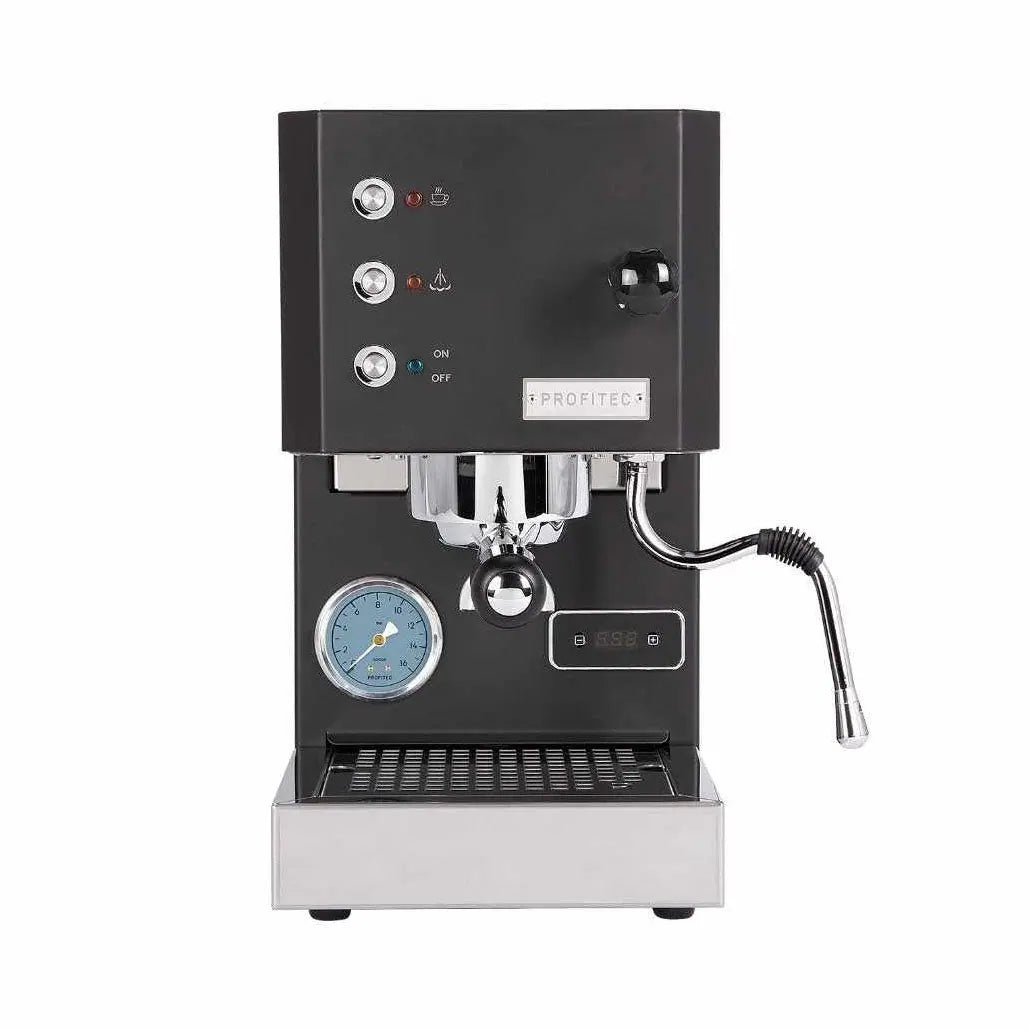 Profitec GO macchina Espresso in nero con Manometro di pressione e lancia vapore per preparazione professionale del caffè.