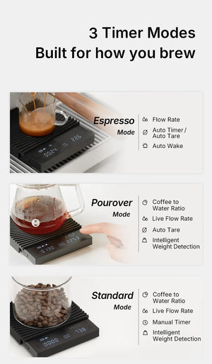 Bilancia da caffè nera con diverse modalità timer e precisione per espresso e infusione, accessori barista, tutto sul caffè.