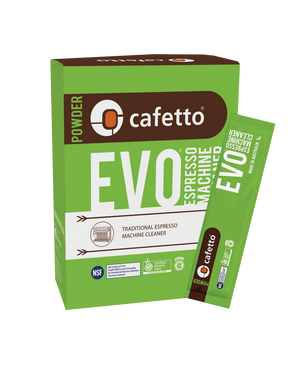 Pacchetto verde con polvere detergente per macchina da caffè espresso professionale, parte di detergenti e accessori per la manutenzione.