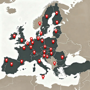 Mappa dell'Europa con marcatori rossi che mostrano luoghi selezionati in diversi paesi europei.